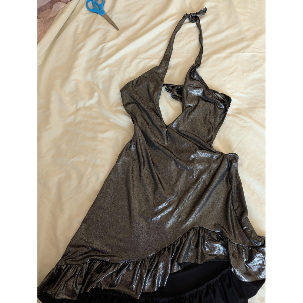 Leg Avenue Metallic Gunmetal Halter Mini Dress Ruffle Hem S/M P/M
